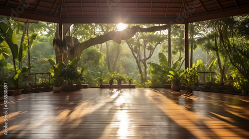 Outdoor yoga pavilion surrounded by tranquil gardens, with wooden flooring and flowing curtains, photo