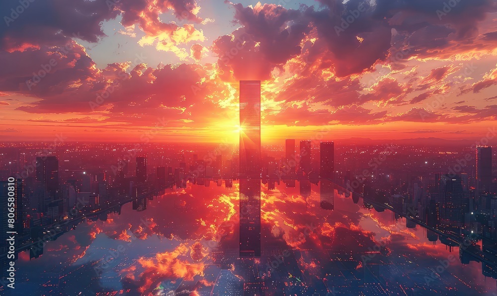 A beautiful sunset over a city. The sky is a deep orange, and the clouds are a light pink. The sun is setting behind a tall building, and the city is reflected in the water below.