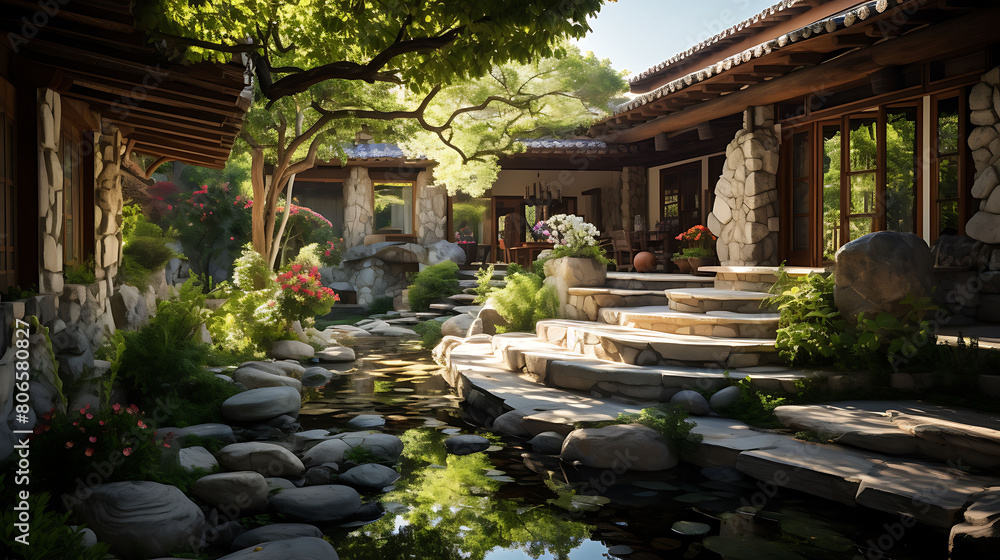 Peaceful monastery garden with stone paths, meditation benches, and a koi pond,