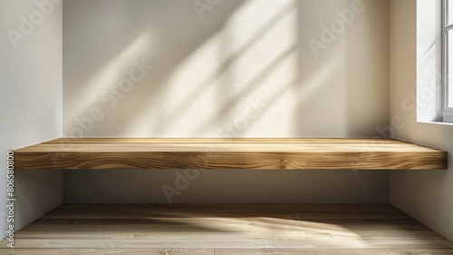 Empty minimal natural wooden table counter podium, beautiful wood grain in sunlight,