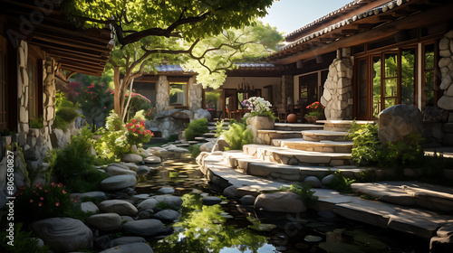 Peaceful monastery garden with stone paths  meditation benches  and a koi pond 