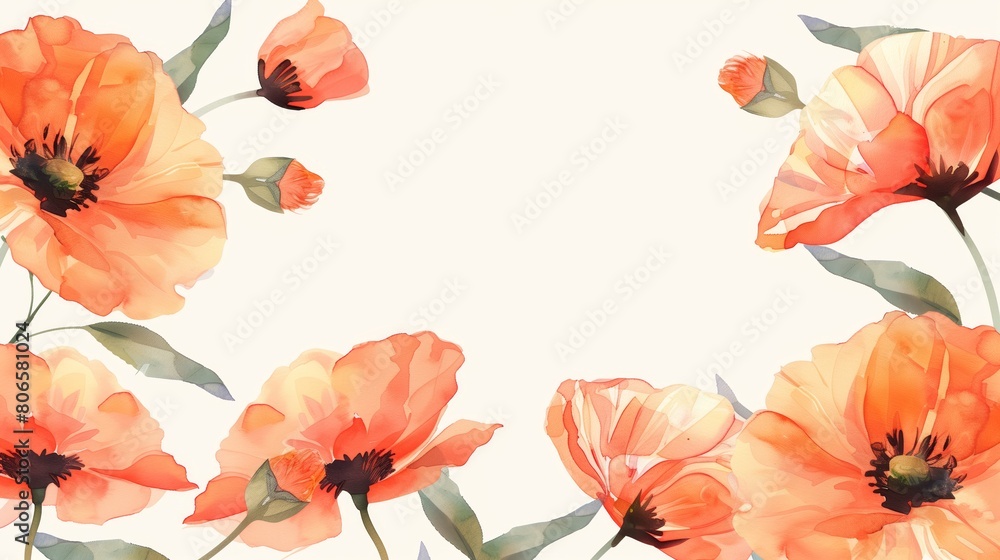 watercolor pastel poppy flowers pattern frame with copy space. watercolor pastel poppy flowers pattern frame with copy space.