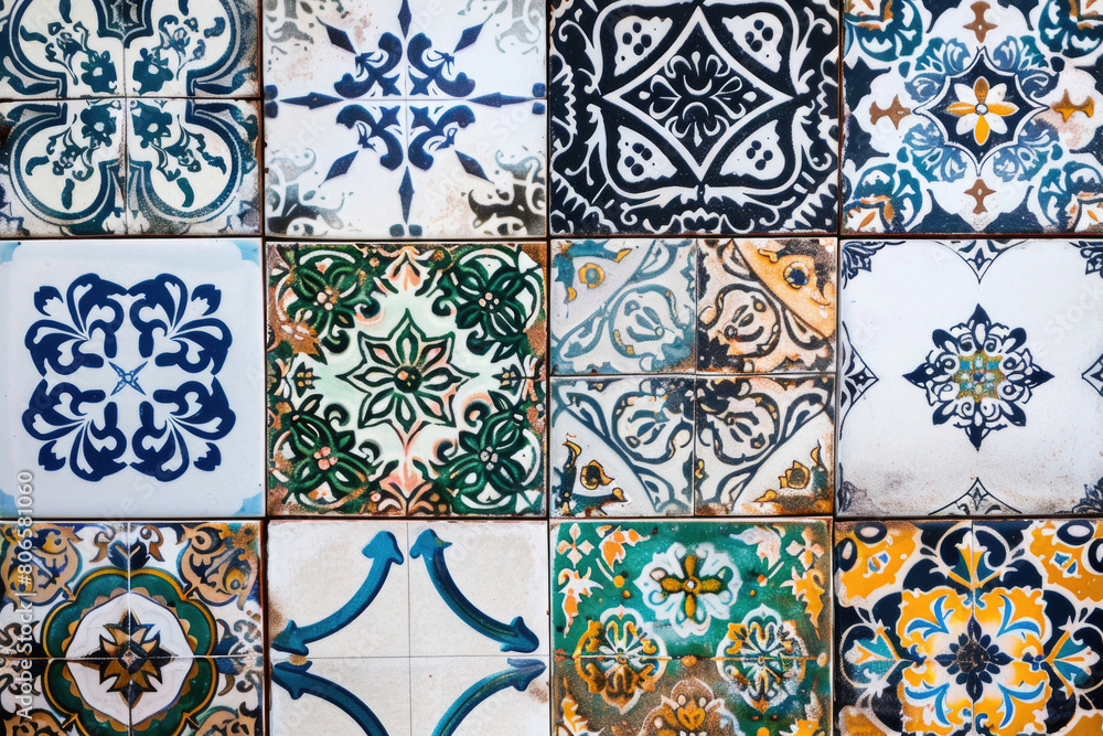 A collection of decorative ceramic tiles with colorful patterns and glazes