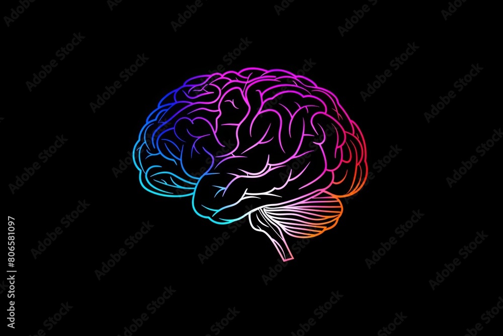 A neon outline of a human brain on a black background, Vibrant Neon Brain Illustration A neon outline of a human brain on a black background, Vibrant Neon Brain Illustration