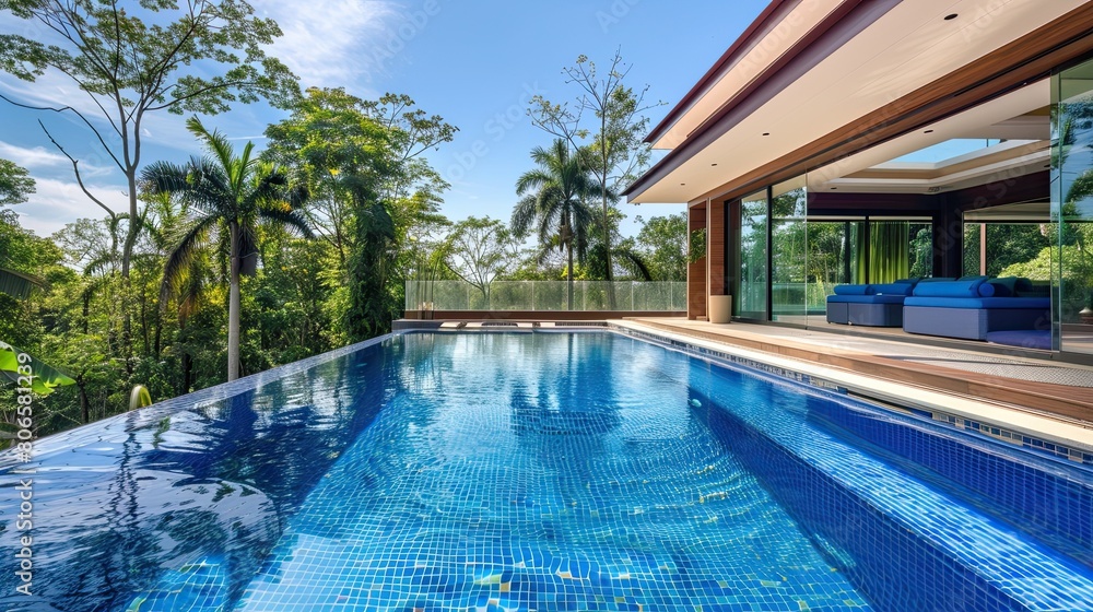 A villa's pool area with a smart climate control system, ensuring perfect water temperature throughout the day