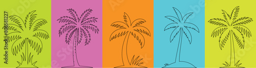palm tree line art Vector silhouettes on vibrant, colorful panels. Ideal for summer, tropical designs. Perfect for beach, vacation, holiday themes