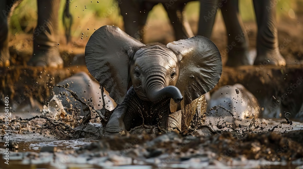 A baby elephant splashing around in a mud puddle, rolling joyfully as its herd watches A baby elephant splashing around in a mud puddle, rolling joyfully as its herd watches