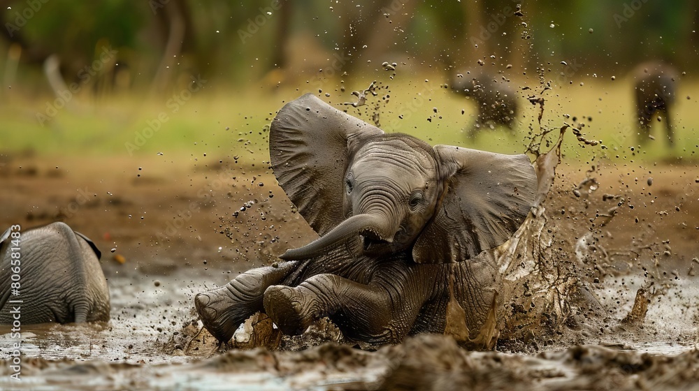 Fototapeta premium A baby elephant splashing around in a mud puddle, rolling joyfully as its herd watches
