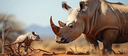 White rhinoceros (Ceratotherium simum) with baby, rhino and a mythical creature in a desert © WaniArt