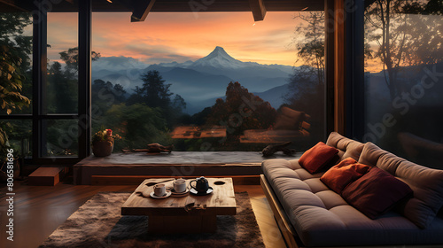 Picture window with mountain views and window seat,