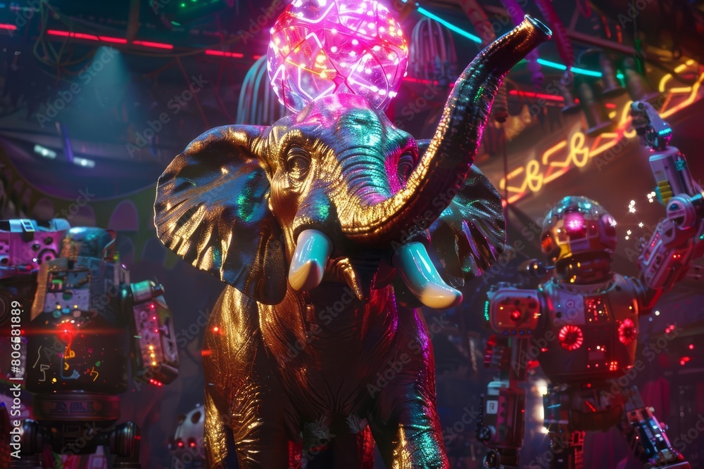 A brass elephant holding a glowing neon ball in its trunk, surrounded by neonlit robots playing circus games