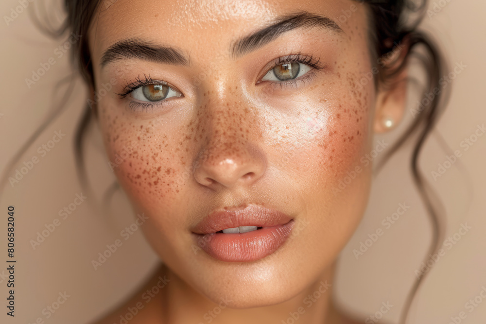 Close-up Portrait of Flawless Woman on Beige Background Close-up Portrait of Flawless Woman on Beige Background