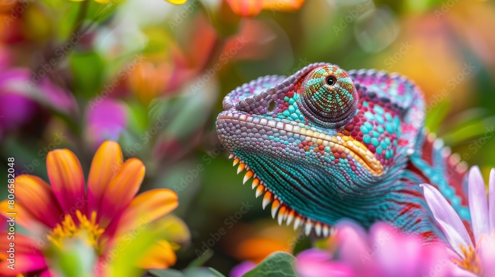 Obraz premium A chameleon blending into colorful flowers, curiously peering out with its rotating eyes
