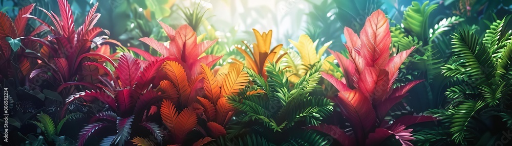 Show a birds eye perspective of a lush biotechnological garden, filled with genetically modified plants in vibrant, surreal colors, perfect for a promotional poster Show a birds eye perspective of a lush biotechnological garden, filled with genetically modified plants in vibrant, surreal colors, perfect for a promotional poster