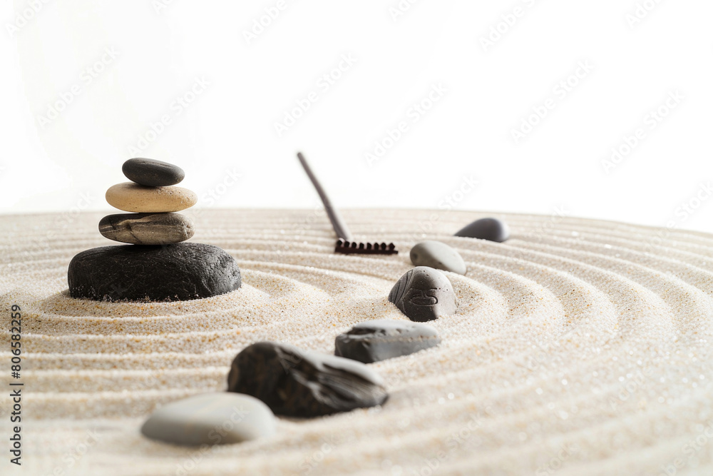 A miniature Zen garden with fine sand, smooth stones, and a small rake