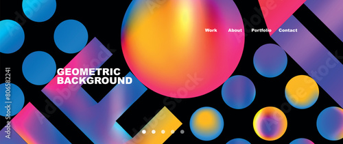 Vibrant geometric shapes in electric blue and magenta create a colorful pattern on a black background. Circles and triangles with visual effect lighting technology bring entertainment closeup