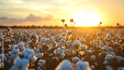 cotton field at sunrise in morning ,light , sunset, sunrise , agricultural crop ,Fabric, cotton harvest season, sunlight, environmental activism, beautiful background, cotton buds,landscape ,light 