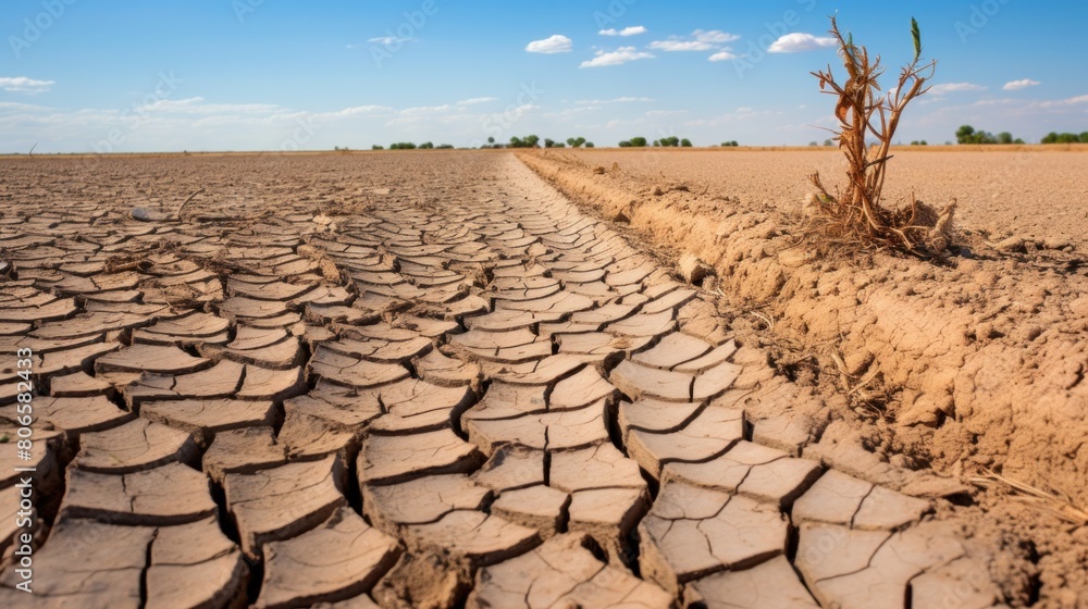 Drought destroys cultivated plants. Trees dry out in rows on the parched soil in summer. The other side is rich. Comparison picture Drought destroys cultivated plants. Trees dry out in rows on the parched soil in summer. The other side is rich. Comparison picture