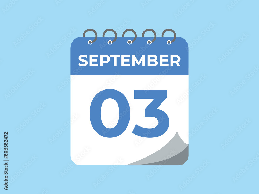 September 3 calendar reminder. 3 September daily calendar icon template. Calendar 3 September icon Design template. Vector illustration
September 3 calendar reminder. 3 September daily calendar icon template. Calendar 3 September icon Design template. Vector illustration