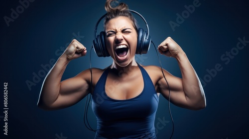 Excited plus size woman listening to music with headphones while flexing muscles and showing power against