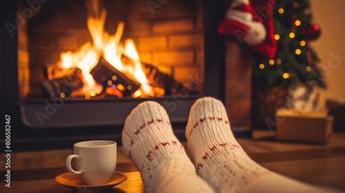 Feet in woolen socks by the Christmas fireplace, a glass of hot drink.
