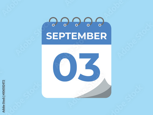 September  3 calendar reminder. 3 September  daily calendar icon template. Calendar 3 September  icon Design template. Vector illustration
