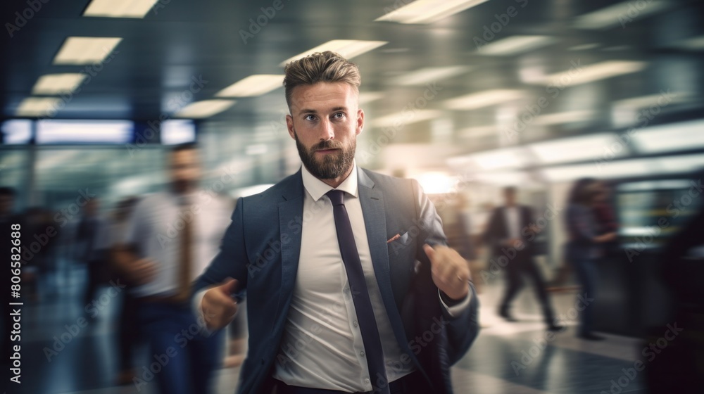 A businessman rushing in airport to catch a flight A businessman rushing in airport to catch a flight