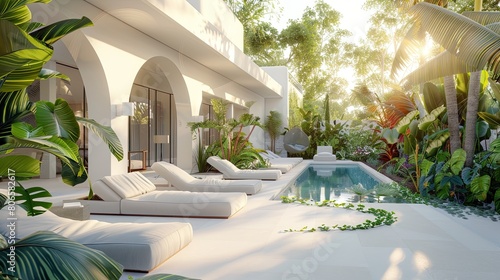 A white villa's poolside paradise, with sleek loungers and a garden bursting with tropical flora in the golden hour light photo