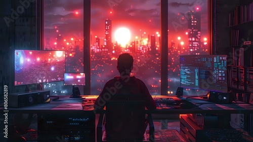 Wallpaper Mural Contemplation in the Digital Age: A Cyberpunk-inspired Illustration Torontodigital.ca