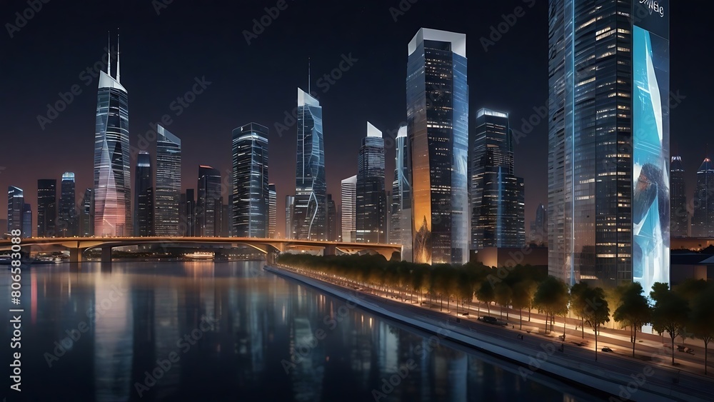 Illuminated Skyline: Modern Cityscape with Reflective Skyscrapers at Dusk
