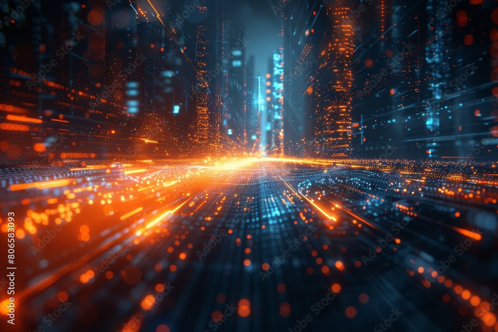 Fototapeta premium Digital Cityscape with Glowing Neon Lights