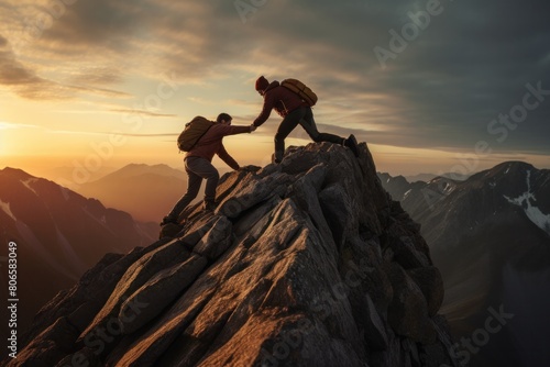 Climbers helping each other climb rocks at sunset on the mountain.Helps and team work concept