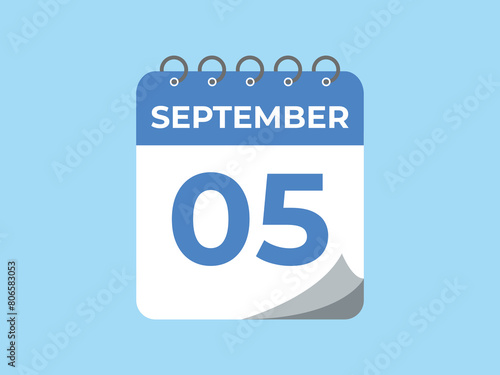 September  5 calendar reminder. 5 September  daily calendar icon template. Calendar 5 September  icon Design template. Vector illustration
