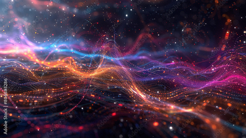 Fototapeta premium A dynamic digital matrix of colorful threads weaving through a dark virtual space.