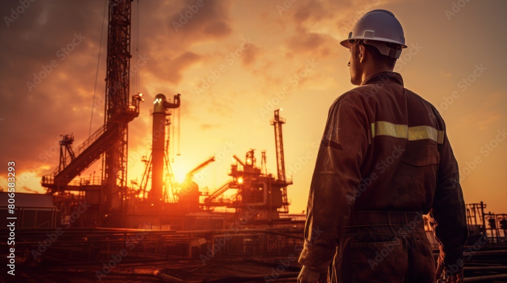 A worker doing control of the oil pump at the sunset. A worker doing control of the oil pump at the sunset.