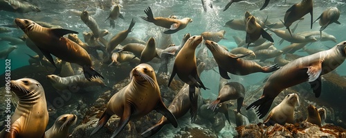A colony of playful sea lions chasing each other underwater near rocky coastal cliffs photo