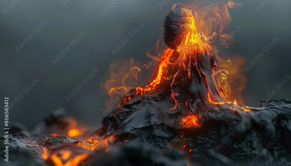 A concept where a sculptor uses molten lava to create a luminous statue that glows in the dark A concept where a sculptor uses molten lava to create a luminous statue that glows in the dark