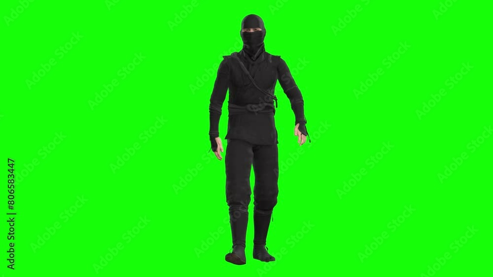3D ninja shinobi character walking on green screen seamless loop 3D animation, front view. You can easily key out (remove) the green screen with just one click using any video editor. 3D ninja shinobi character walking on green screen seamless loop 3D animation, front view. You can easily key out (remove) the green screen with just one click using any video editor.