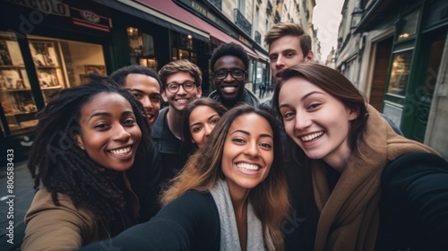 Multiethnic group of friends taking selfie on city street Various people having fun outdoors in Paris