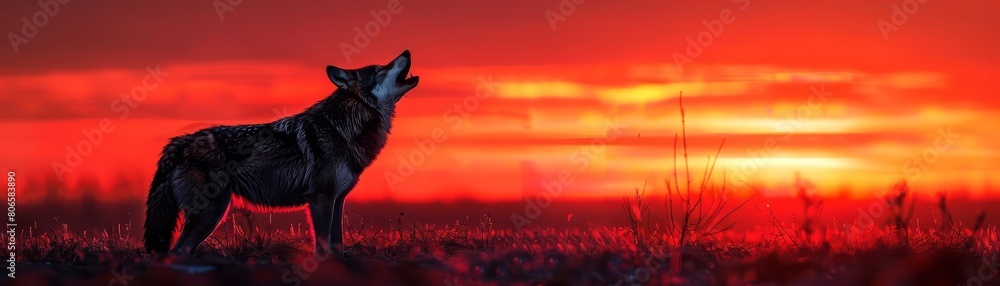 Fototapeta premium Inspiring wolf wallpaper featuring a wolf howling at the twilight sky, symbolizing freedom and the call of the wild