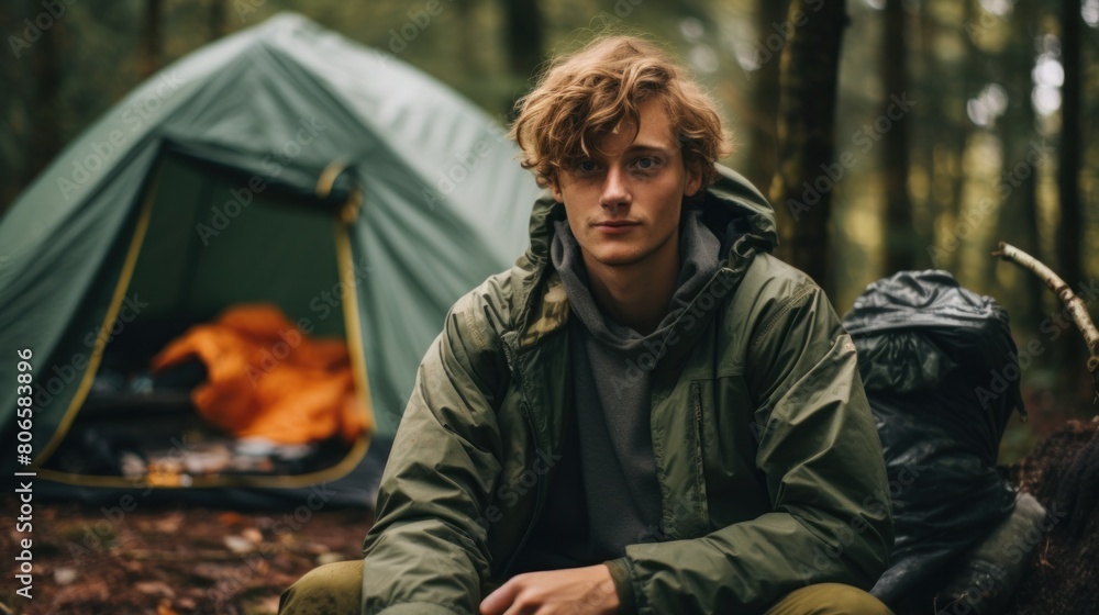 young man camping with friends in woods. People camping outdoors young man camping with friends in woods. People camping outdoors