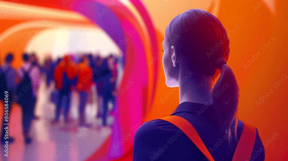A young woman is standing in a brightly lit room A young woman is standing in a brightly lit room