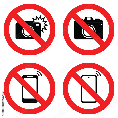 camera flash take photo and smartphone use prohibition sign