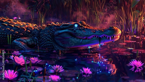 A cyberpunk alligator s reflection is distorted in the neon swamp s water, alongside a field of luminescent lilies photo