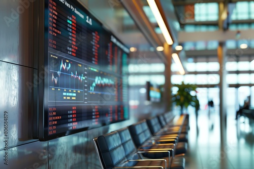 Wallmounted digital board displaying realtime exchange rates, 4K realistic, airport lounge photo