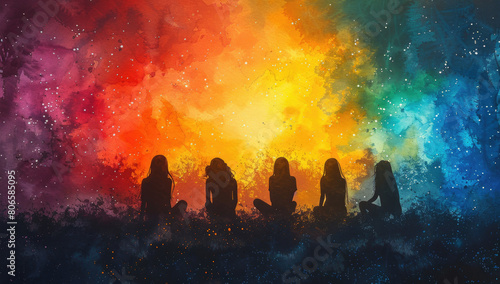 A group of people sit around a table together as silhouettes in dark colors on an abstract background with colorful watercolor splashes and gradients. Created with Ai © zee