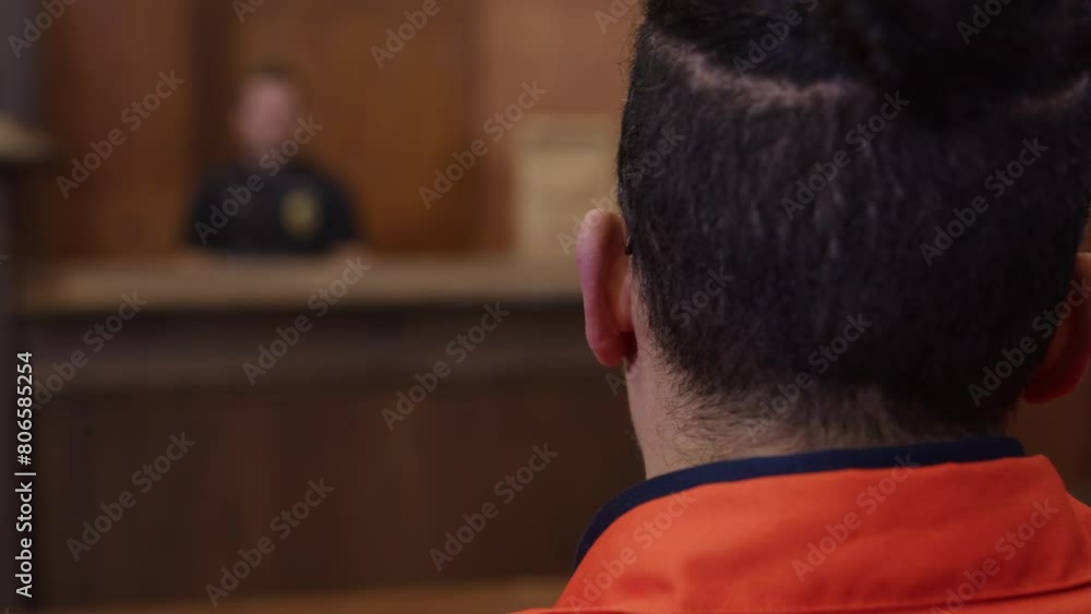 Rack focus from police officer to inmate suspect in court room Rack focus from police officer to inmate suspect in court room