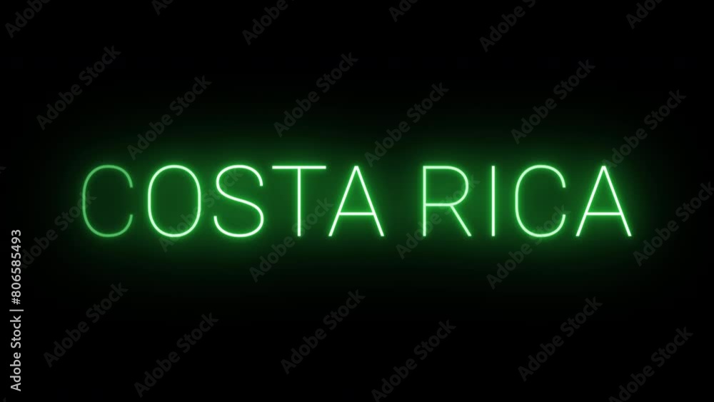 Flickering neon green glowing costa rica text animated on black background Flickering neon green glowing costa rica text animated on black background
