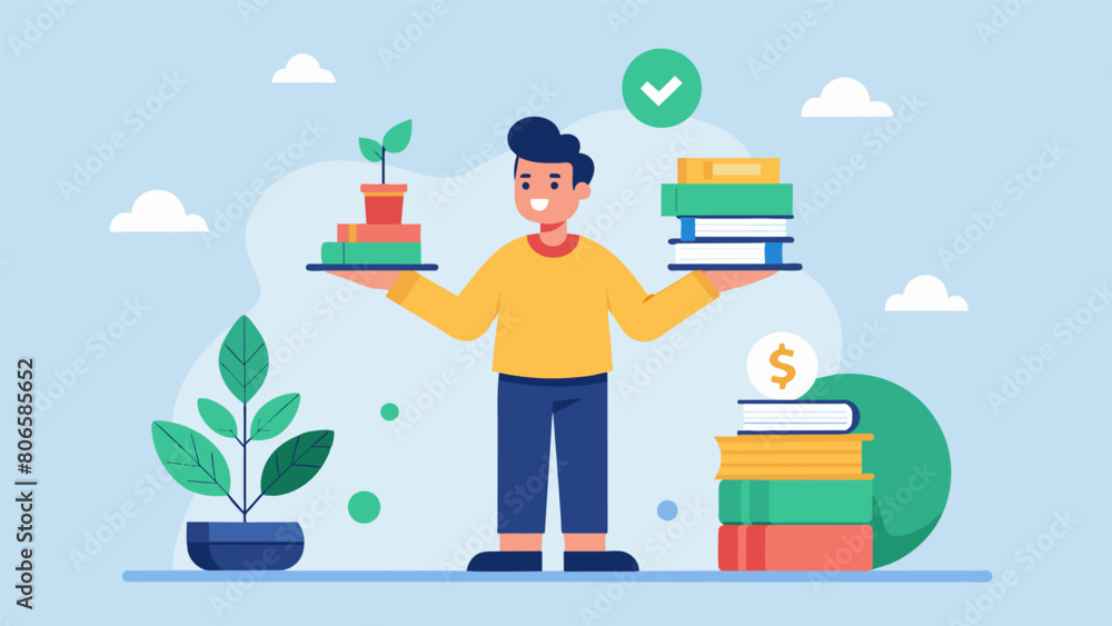 A graphic of a person balancing a stack of books and a stack of bills with the caption Finding Balance Mental Health Resources for Financially. Vector illustration A graphic of a person balancing a stack of books and a stack of bills with the caption Finding Balance Mental Health Resources for Financially. Vector illustration