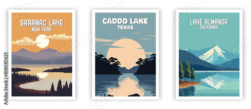 Saranac Lake, Caddo Lake, Lake Almanor Illustration Art. Travel Poster Wall Art. Minimalist Vector art photo